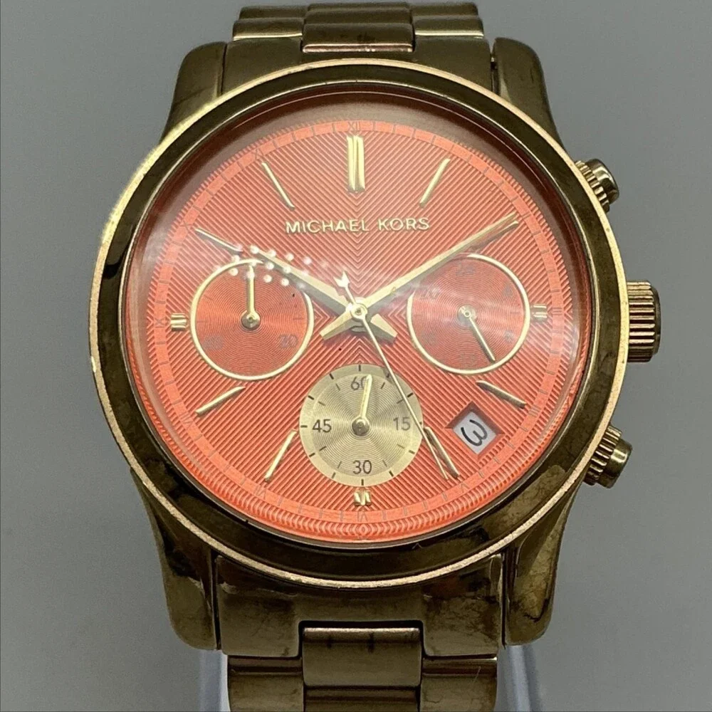 Michael Kors Womens Watch 38mm Orange Gold Tone Chrono Date New Battery 6.75